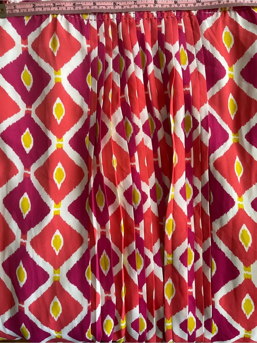 Tory Burch Summer Fuchsia-Red-White-Yellow Geometric Silk Dress with neck trim 4